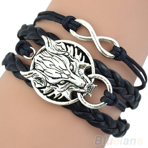 Retro Wolf head Infinite Knit Leather Bracelet