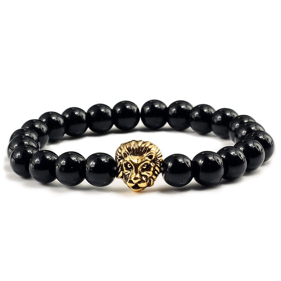 Black Lava Beaded Bracelets Gold-Sliver Lion