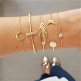 Punk Gold Chain Moon Leaf Crystal Geometry Open Bracelet