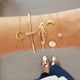 Punk Gold Chain Moon Leaf Crystal Geometry Open Bracelet