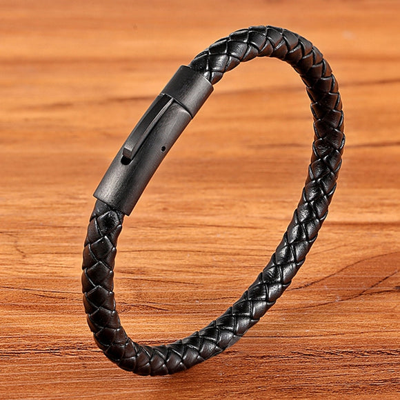 Leather Bracelet Simple Black Stainless Steel Button