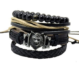 1 Set 4pcs leather bracelet wolf head bracelet