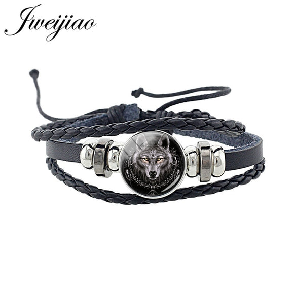 Wolf Animal Woven Leather Bracelet Glass Cabochon Charm